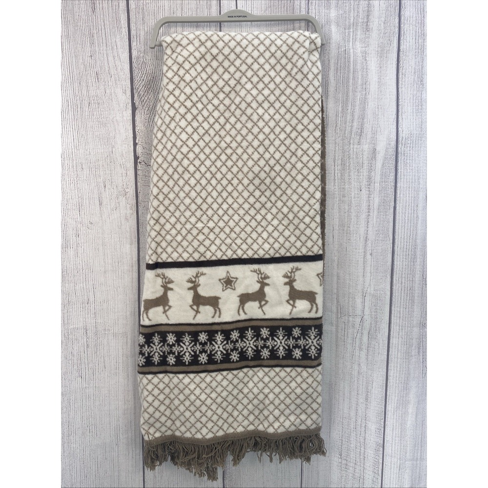 Docofil Throw Blanket 50x70 Ivory Brown Deer Snowflakes Plush Soft Cozy Portugal